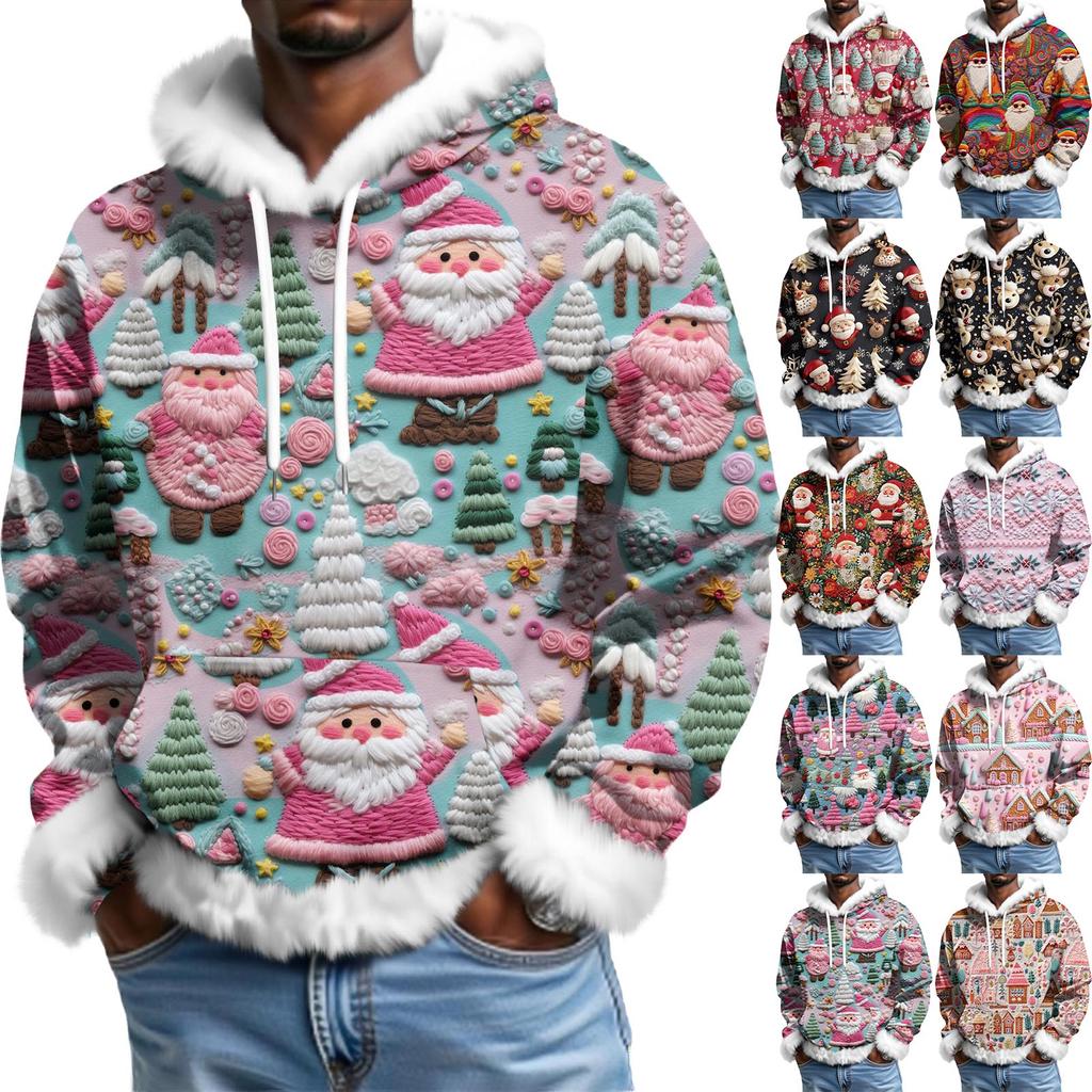 Men's Christmas Printed Lined Hoodie | Faux Trim Party Sweatshirt With Pocket | Plus Size Loose Fit Holiday Pullover
