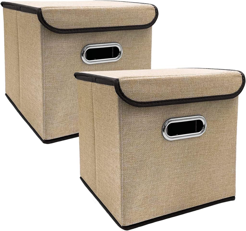 2 Pezzi Contenitori Pieghevoli con Coperchio 25*25cm Cestini Portaoggetti in Tessuto di Lino Lavabili Scatola Decorativa