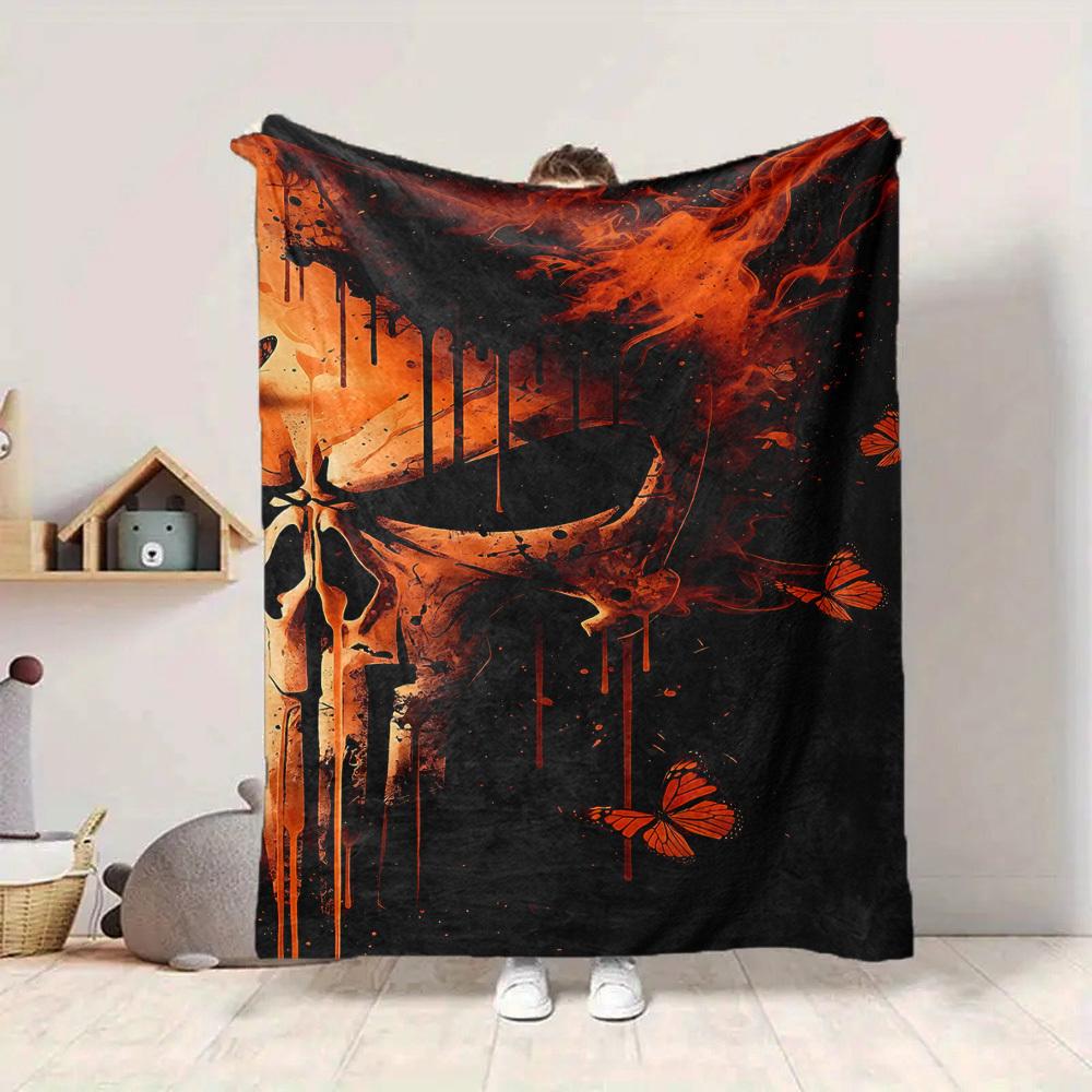1pc Punisher Butterflies Skull Blanket, Lightweight Flannel Throw Blanket for Sofa, Bed, Travel, Camping, Living Room, Office, Couch016