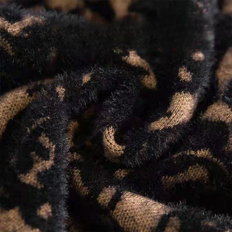 Women's Plus-size Sweater Dress Autumn Winter Fleece Mid-length Straight Knitted Dress Printed Flocking High-neck Skin-friendly Knitted Dress