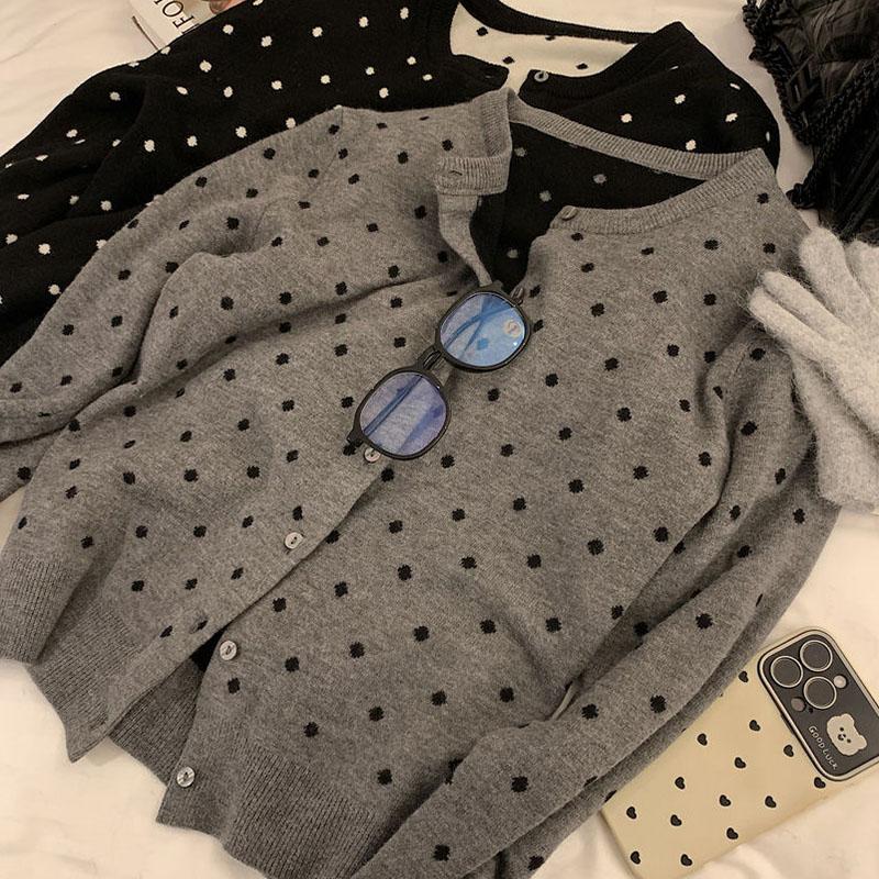 Spring and Autumn Polka Dot Knitted Cardigan Ins Women's Layered Design Sense Versatile Slimming Long Sleeved Top