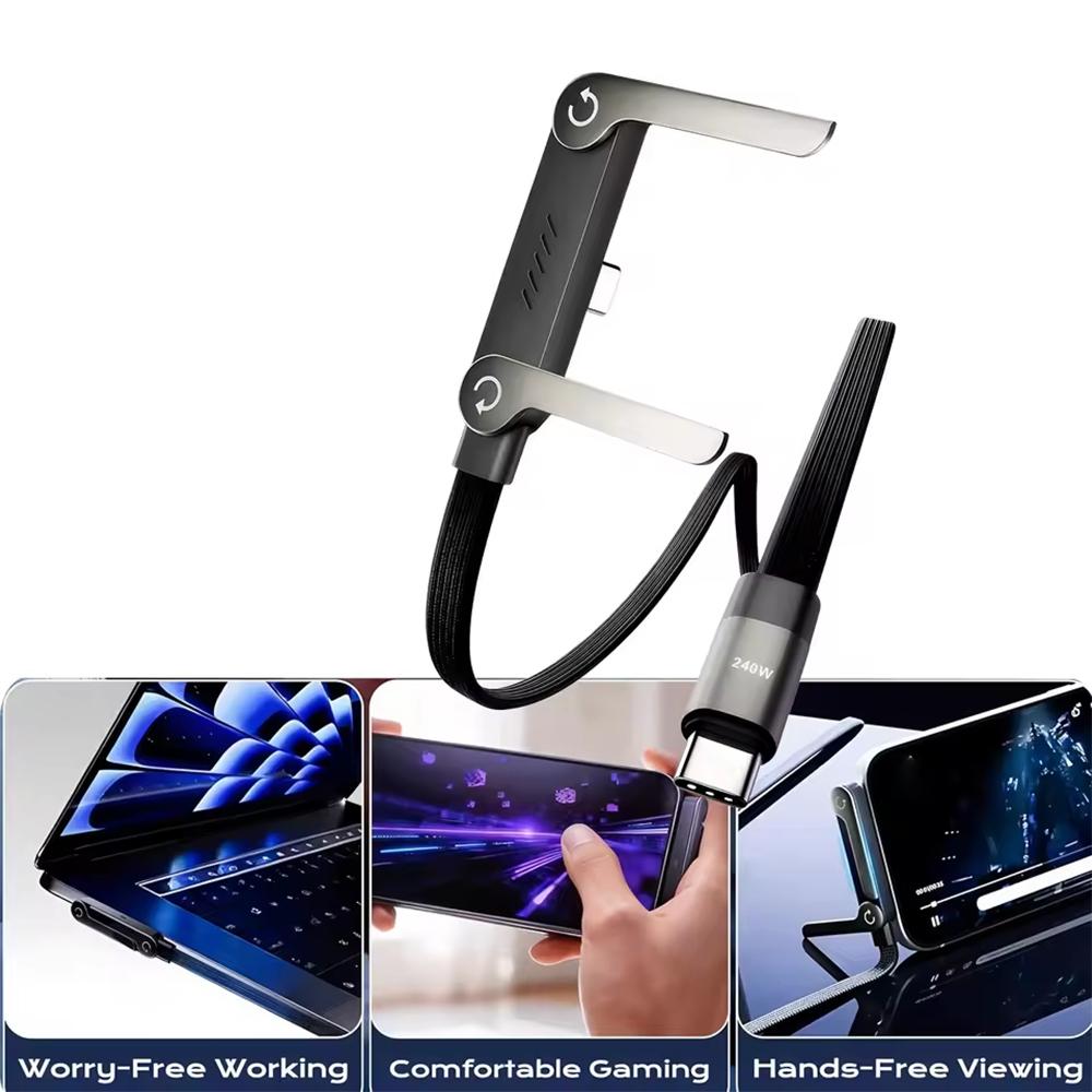 240W Type C To PD Nylon Braided Charging Cord with Foldable Phone Stand Bracket For iPhone Xiaomi Phone Fast Charge Data Cable