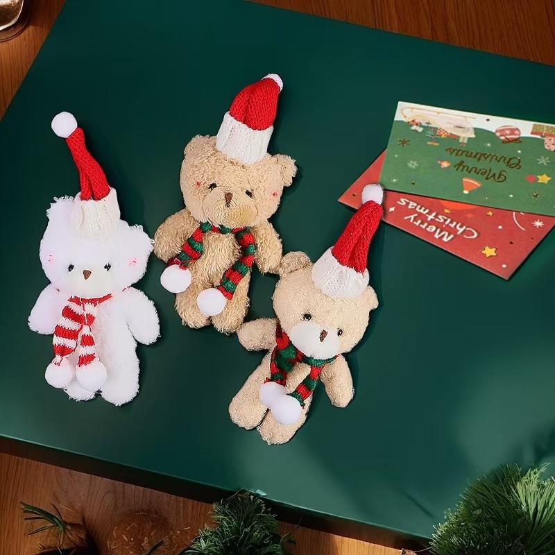 Cute Christmas Bear Plush with Blush, Scarf, Jumpsuit & Keychain Pendant - Adorable Stuffed Toy Gift