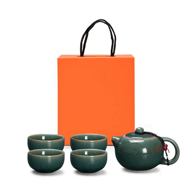Ge kiln dense kiln kung fu tea set, one pot and four cups gift box, business souvenir for customers