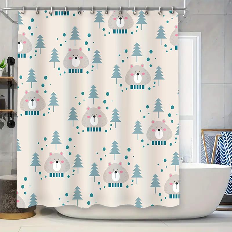 GAESnowy Bear Christmas Tree Shower Curtain Cute Kids Bath Rug Decor for Bathroom Blue White Tones (Size: 180 x 240cm)