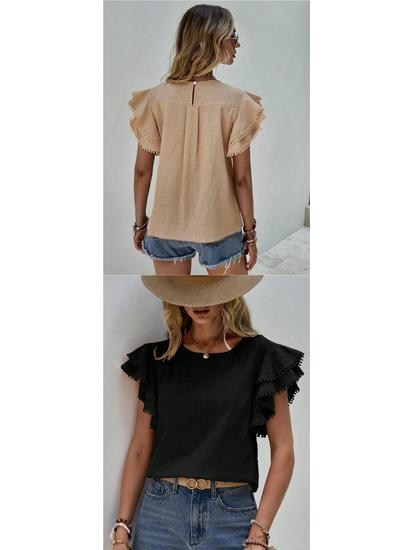 European & American Women's Casual Summer Round Neck Ruffle Batwing Short Sleeve Top