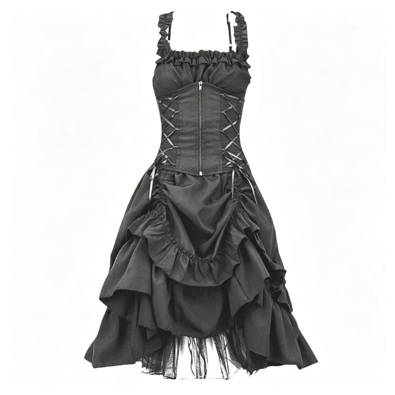 Women's Plus Size Gothic Corset Dress Vintage Lace Up Ruffle Layered Halloween Cosplay Prom Evening Party Formal Dress