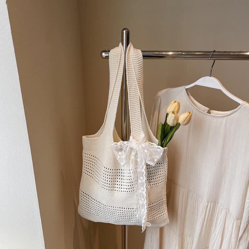 Yogodlns Summer Beach Tote Bag Women New Fashion Hollow Out Weave Shoulder Bags Female Lace Decorate Handbags