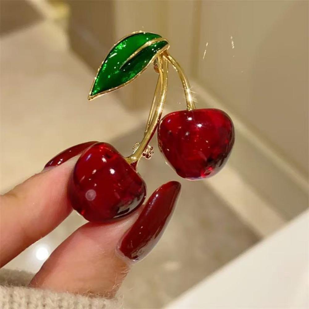 Dark Red Cherry Brooches for Women Clothing Cute Crystal Fruit Enamel Pins Party Jewelry Gifts