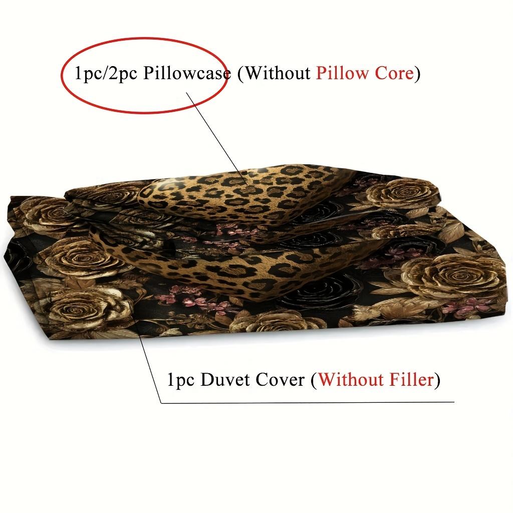2/3Pcs Leopard Print Love Rose Flower Duvet Cover Set (1 Duvet Cover + 1/2 Pillowcase Without Core) Luxury Retro Romantic