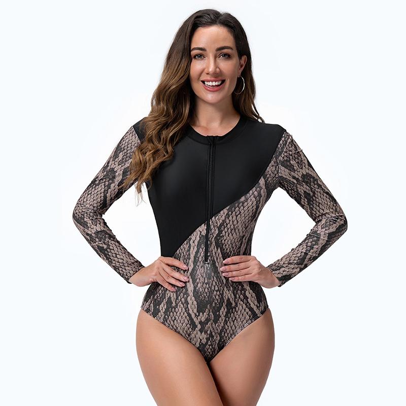 Swimsuit Women's Body-Tight Long-Sleeved Surfer Snake Pattern Conservative Swimsuit