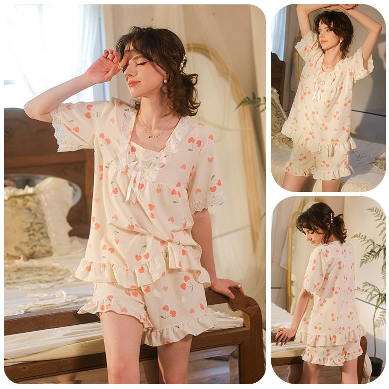 Women's Cherry Print Short Sleeved Shorts Pajama Set Sweet Lace Border Home Wear Loose And Breathable Two-piece Set