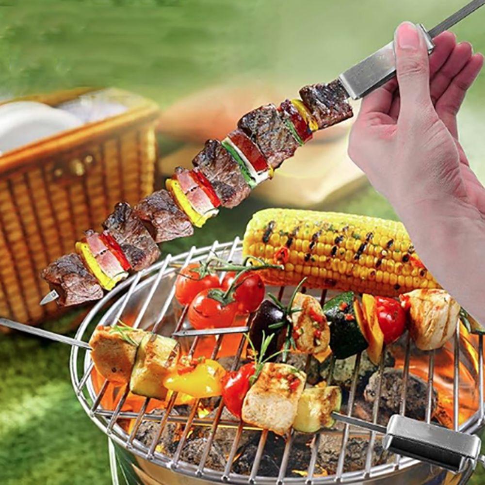 6Pcs Stainless Steel Barbecue Skewer Semi-automatic BBQ Stick Barbecue Needle  Picnic