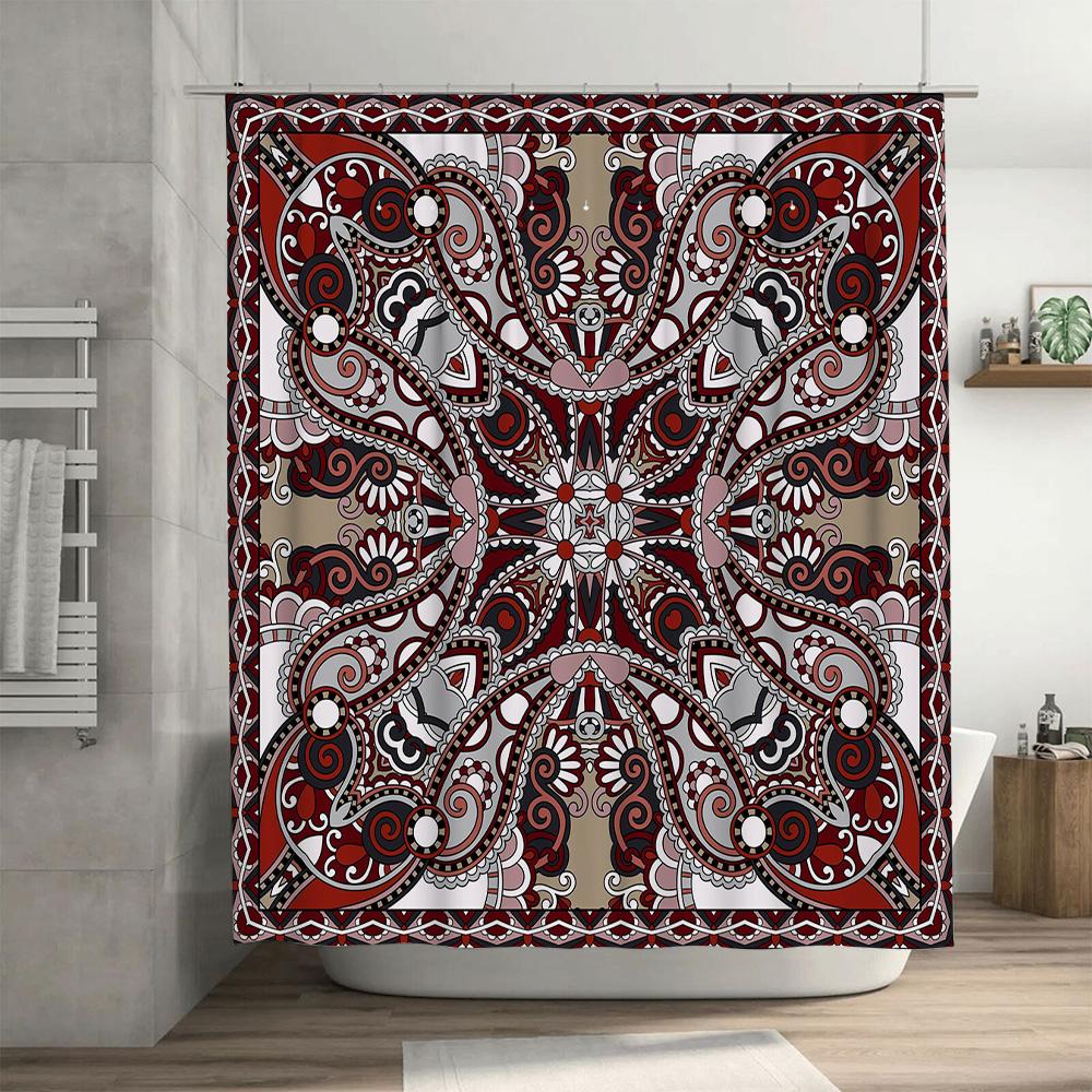 Red White Boho Print Shower Curtain Waterproof Fabric Washroom Decor Home Decorative Bath Mat Bathroom Wall Hanging Large Size