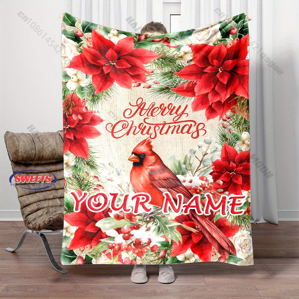Custom Name Christmas Cardinal Floral Blanket Red Poinsettia Wreath Bird Winter Botanical Flannel Blanket Family Xmas Gift