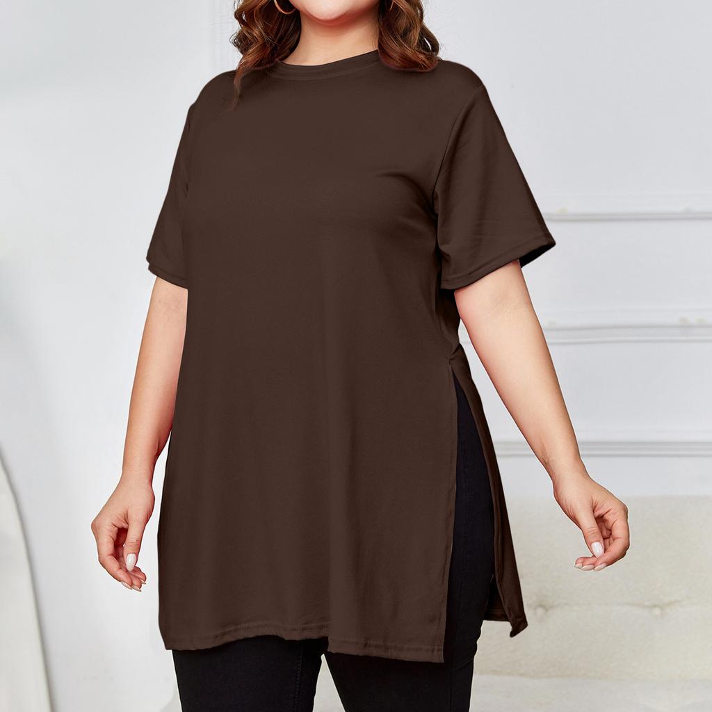 Women's Plus Size Slit Long T,shirt Round Neck Casual Loose Short Sleeved Top