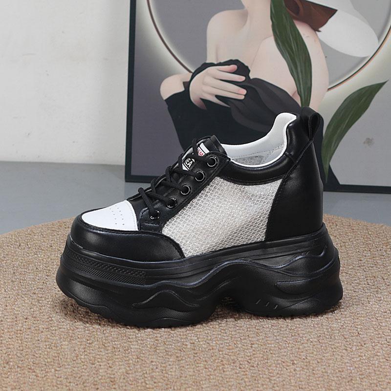 

Модные 12 см ботильоны из микрофибры и сетки, полые массивные кроссовки, женские удобные летние туфли на вулканизированной подошве, смешанные цвета 34 чёрный