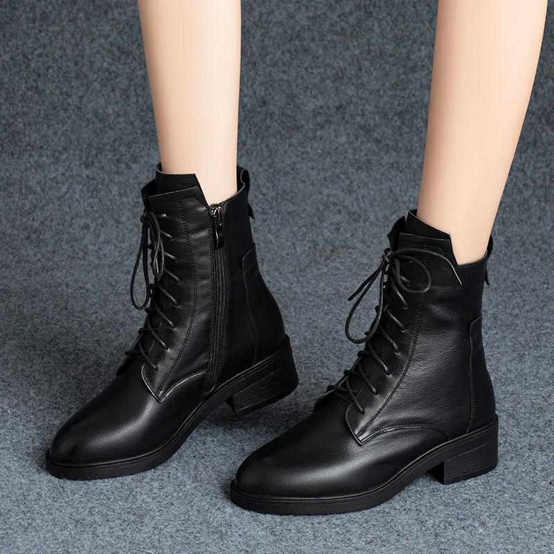 Low-heeled Pointed Mid-leg Boots Cross-strap Martin Boots New Skinny Leather Boots for Autumn and Winter