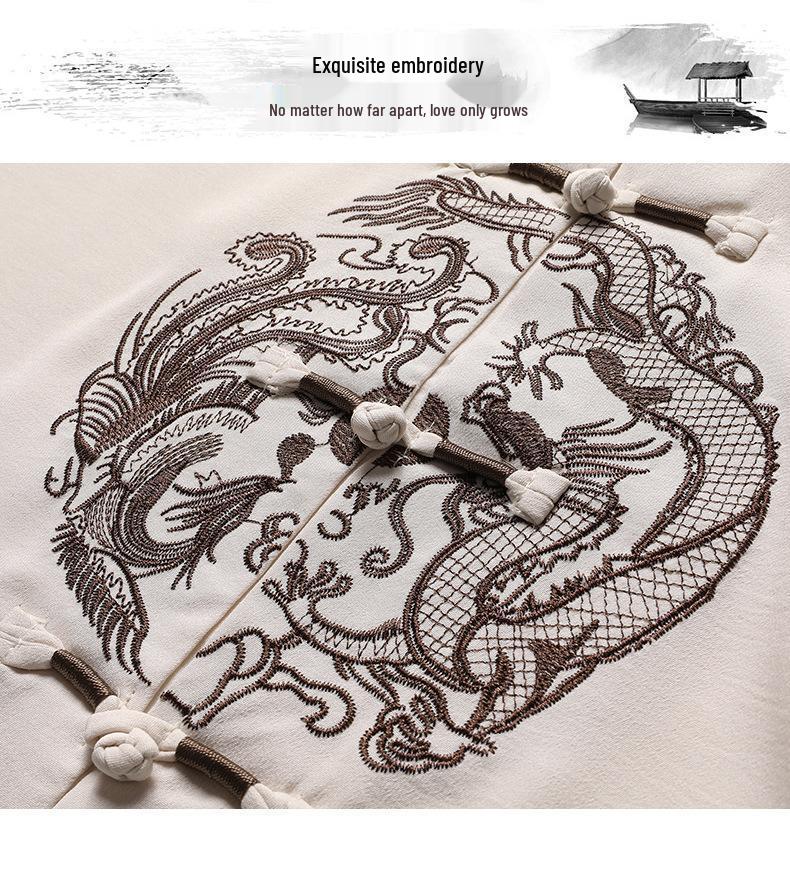 Men's Summer Ice Silk Tang Suit: Thin Retro Hanfu Set with Frog Button Embroidery for Middle-Aged and Elderly.