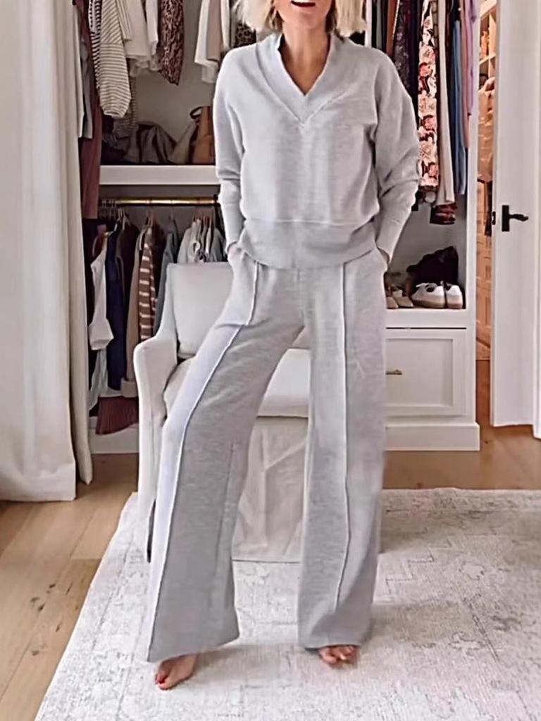 2025 Autumn/Winter V-neck Long Sleeve Loose Solid Color Women's Fashion Casual Pants Set