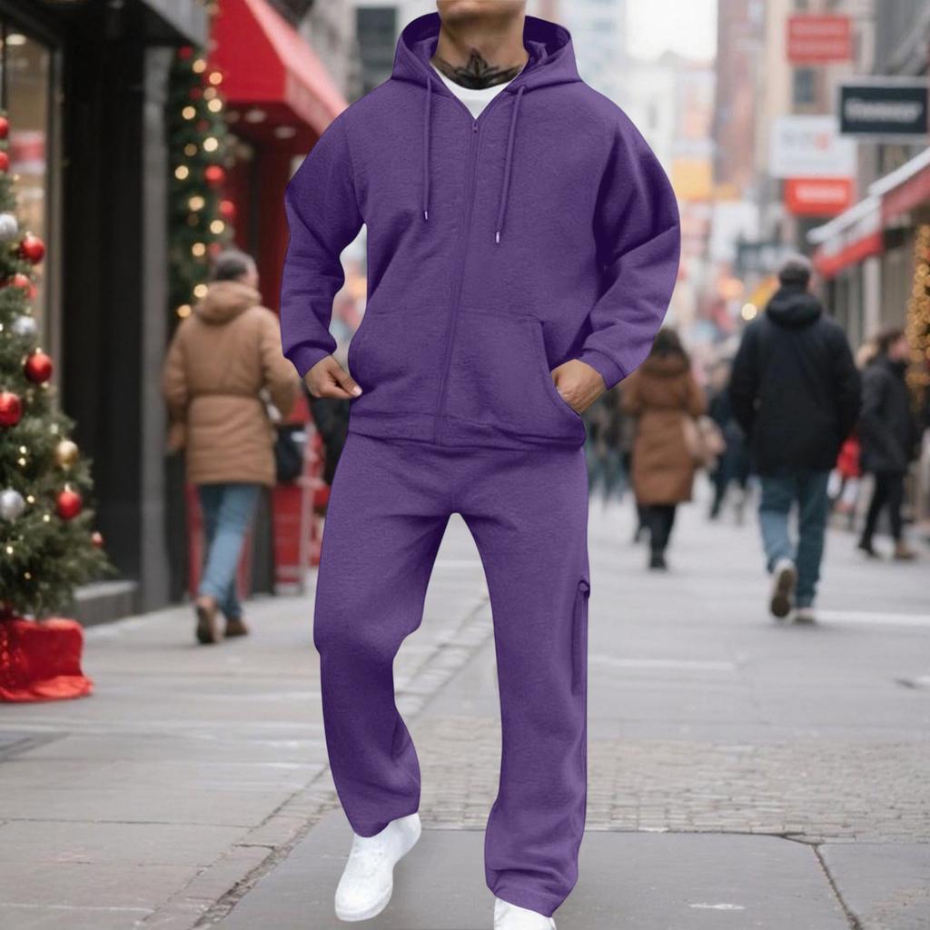 Men's Classic Two-Piece Set, Fleece Zip Hoodie Jacket & Elastic-Waist Cargo Pants For Casual Outdoor Sports