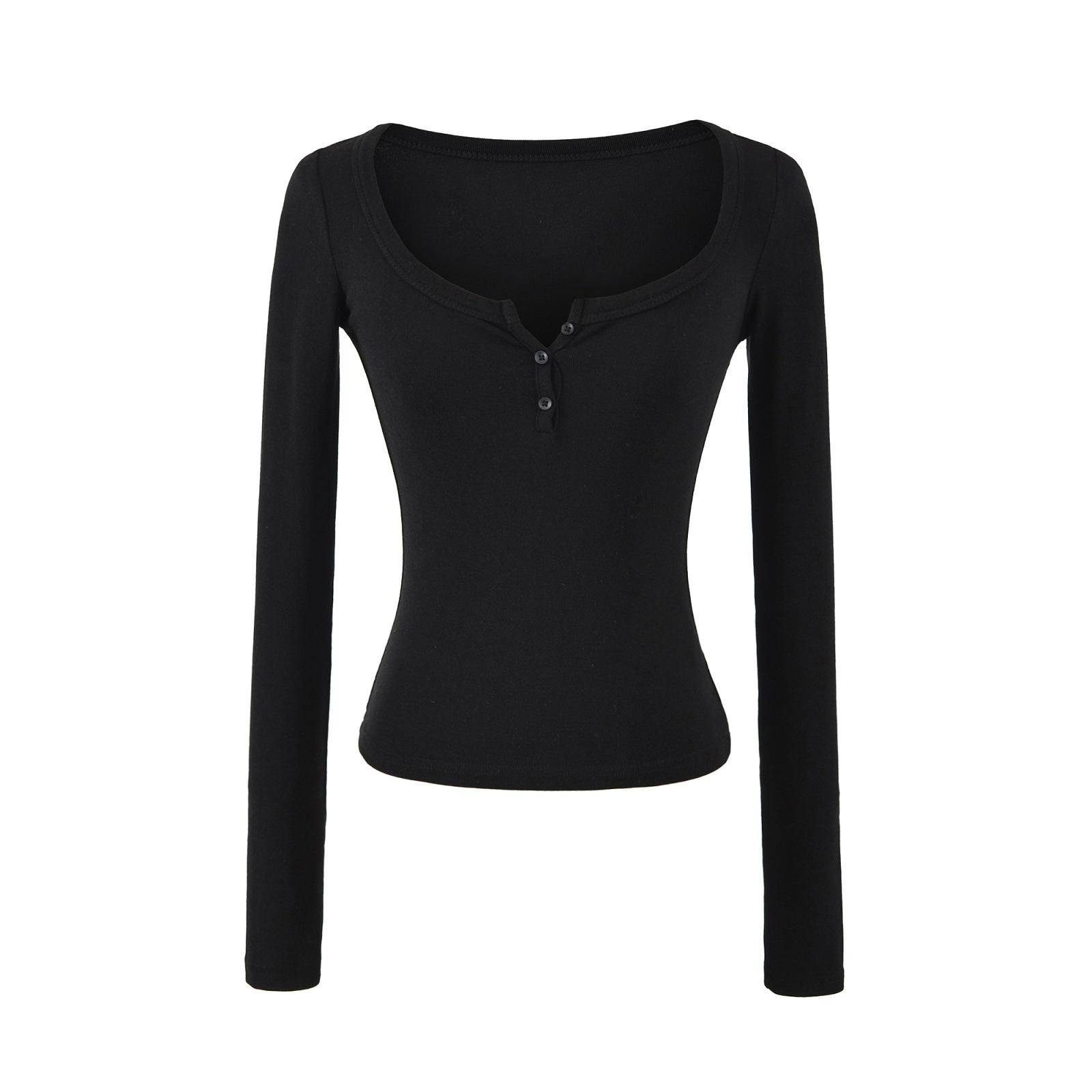 

European American Cashmere Spicy Girl Square Neck Long Sleeve Slim Fit T-Shirt with Half Open Collar. Medium