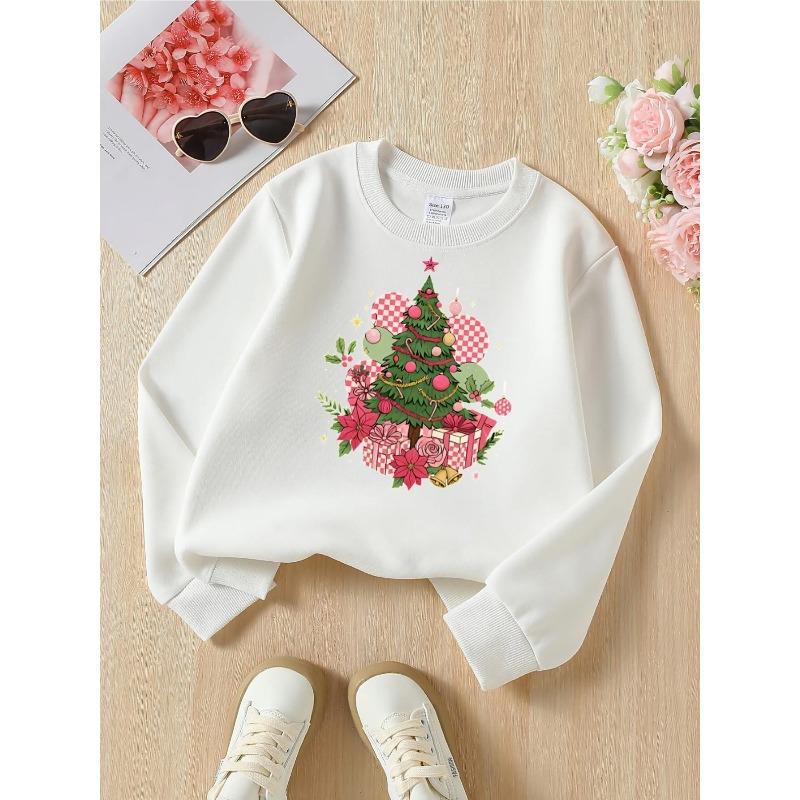 European Sizes Stylish Crewneck Sweatshirt for Girls with Christmas Tree, Gifts, Ornaments & Bells, Long-Sleeved Casual Top