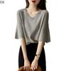 DX-Micro rozšířený okvětní lístek rukáv top s výstřihem do V dámské letní pletené tričko volný krátký rukáv ledový hedvábný svetr tenký dámská košile zahraničního stylu