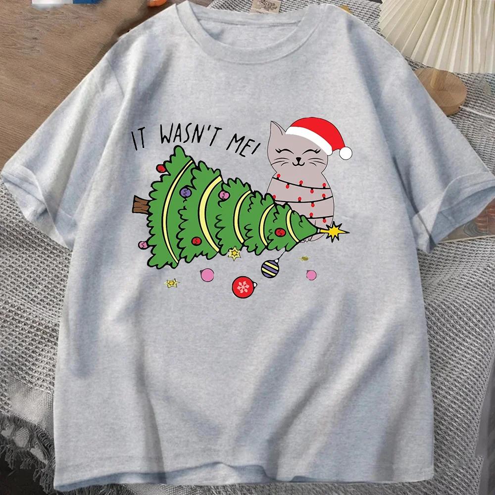 Merry Christmas Womens Tshirt Cat Enthusiast Santa Claus Elf Round Neck Short Sleeve Holiday Season Casual Womens Tshirt