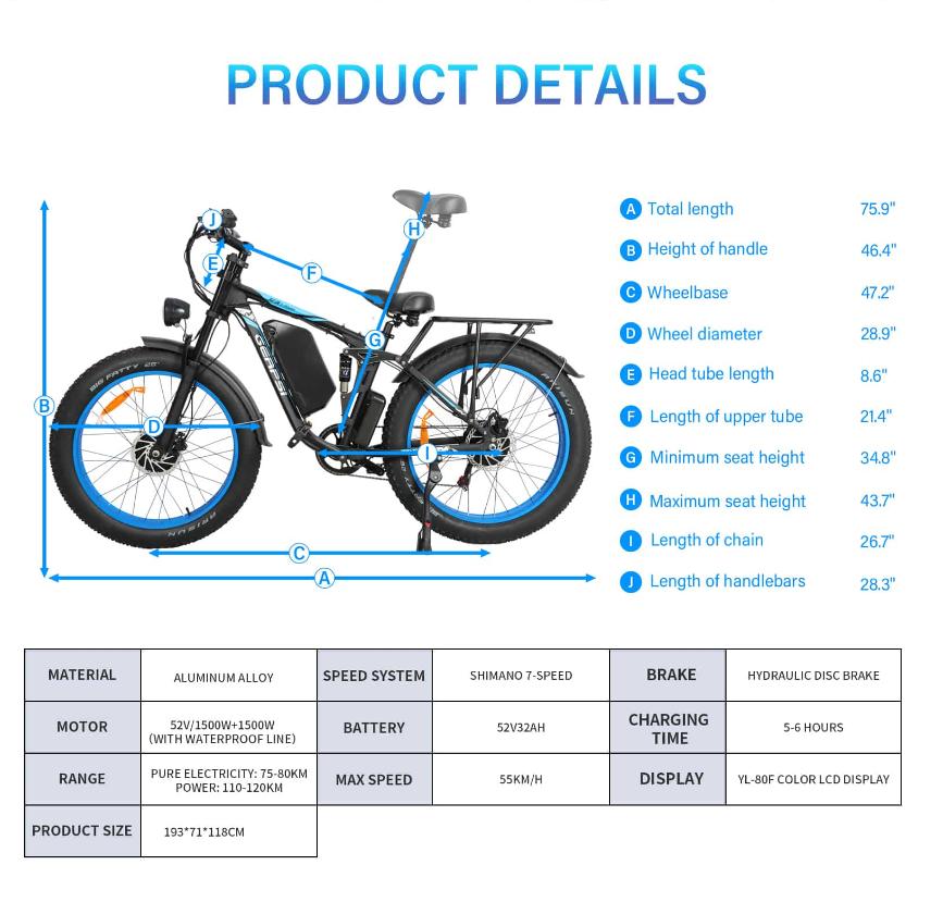 Nové E-kolo Horské elektrické kolo DP2603 3000W Duální motor 52V32AH Baterie Městské dojíždění Elektrické kolo 26 Palců Hydraulická brzda E-kolo Dospělý