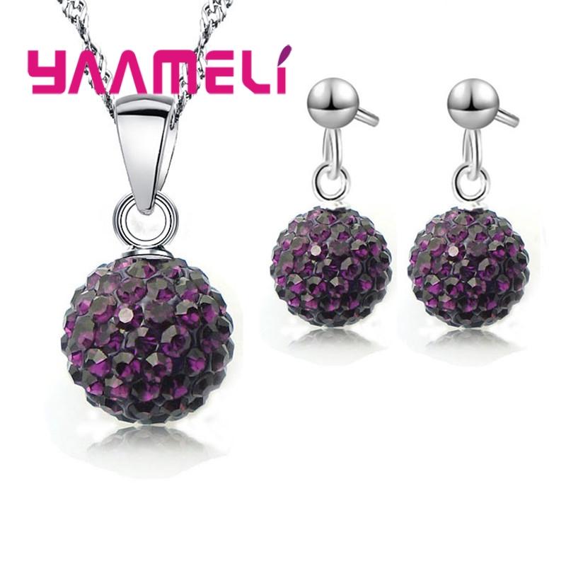 925 Sterling copper Stamped Bridal Zircon Sets Women Girls Wedding Gifts Austrian Crystal CZ Disco Ball Necklace Hoop Earrings