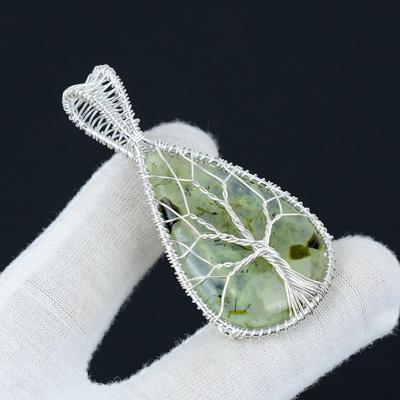 Pendentif Préhnite Pierre Gemme Naturelle Fait Main Pendentif en Argent Sterling 925, Pendentif en Forme de Poire, Pendentif Enveloppé de Fil Bijou Arbre de Vie
