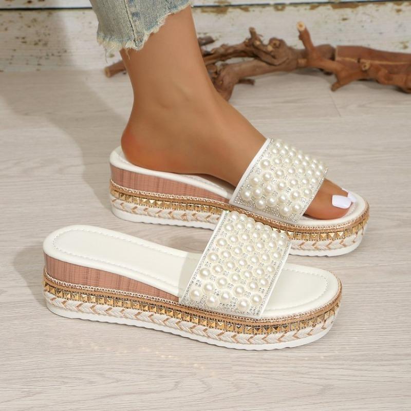 Shiny Crystal Pearl Platform Slippers Women Fashion Rivet Decor Wedge Sandals Woman Summer 2026 Non Slip Thick Sole Beach Slides