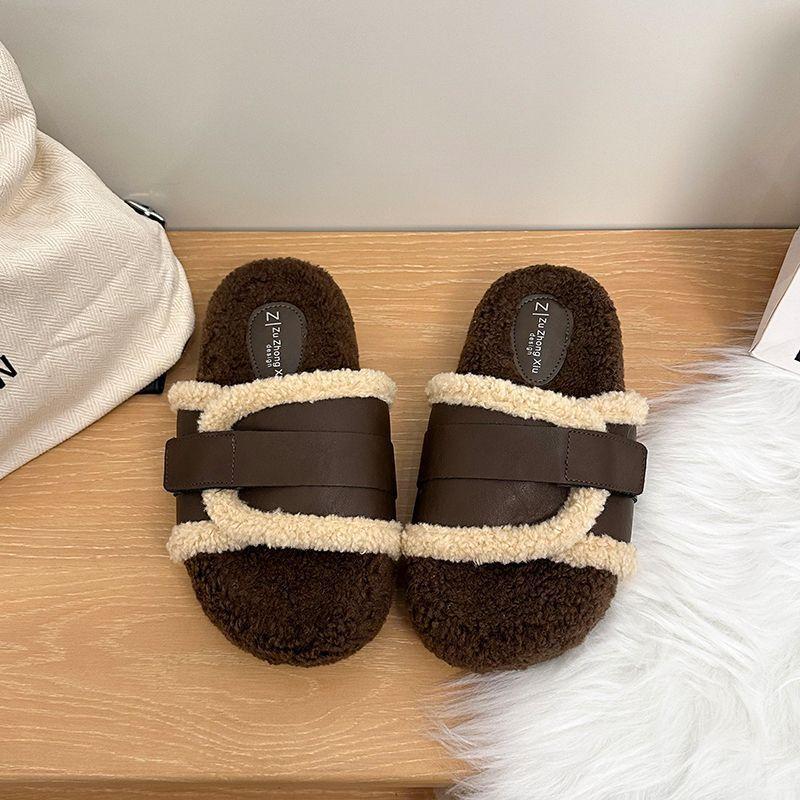 

Retro heightened thick-soled fluffy slippers for women s outer wear 2025 new autumn and winter fashion versatile fashion cotton slippers 40 коричневый