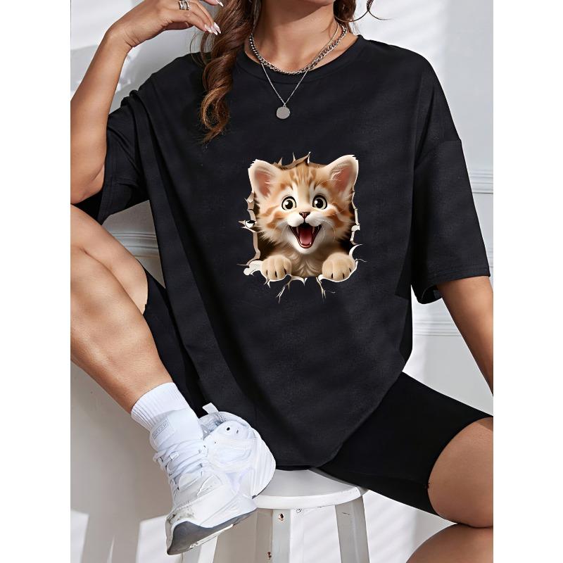 Cute Cat T Shirt White Kitten Breaking Through Print Casual Everyday Wear