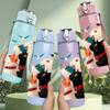 1PC Cute Cat Couple Cartoon 750ml Color Plastic Sports Water Bottle Leakproof Flip Straw Lid Suitable for Sports Office Home Use