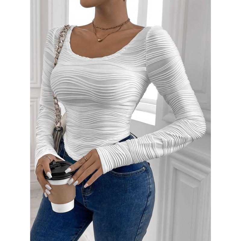 Fashion Elegant Long Sleeve Pleated Sexy Women T-Shirt Slim Fit New Crew Neck Curved Texture Office Crop Blouse Spring and Autumn Irregular Shirt Tops