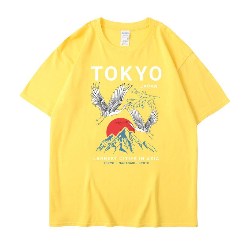 Men's Summer Tee Cotton 2025  Japanese Style Tokyo Crane 2D Printed Round Neck Casual Short Sleeve Unisex T S
