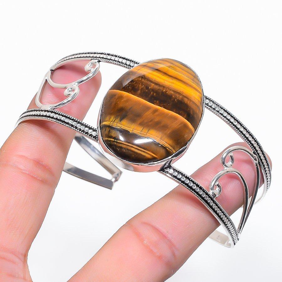 Natural Tiger Eye Gemstone 925 Sterling Silver Cuff Bangle Adjustable Y0w03