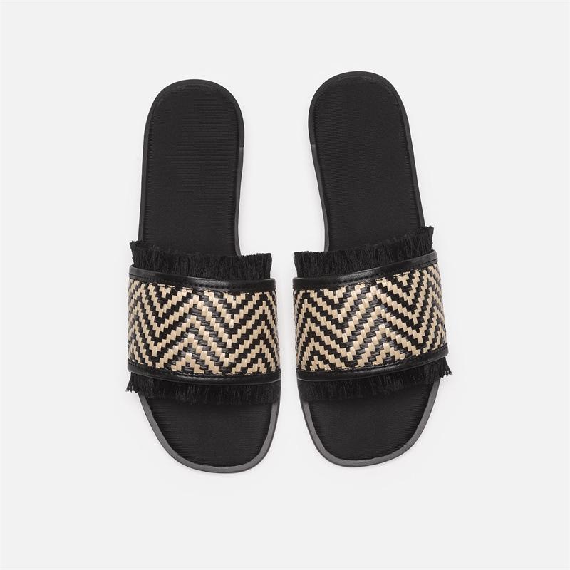 

Однословные женские тапочки на плоской подошве, пляжные прохладные тапочки, плетеные с кисточками, простые и модные, педали 40 жёлтый