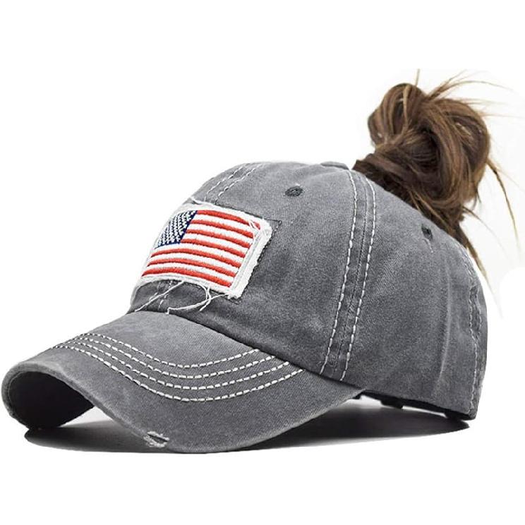 Distressed Ponytail Hat for Women American-Flag Pony Tail Caps High Bun One Size