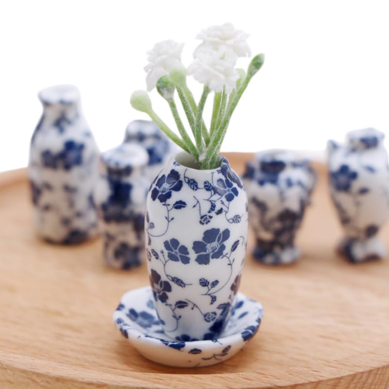 Hohopeti Set of 7 Miniature Ceramic Flower Dollhouse Small Interior Decor Vases, Accessories, 2x2x1.4 Inches,