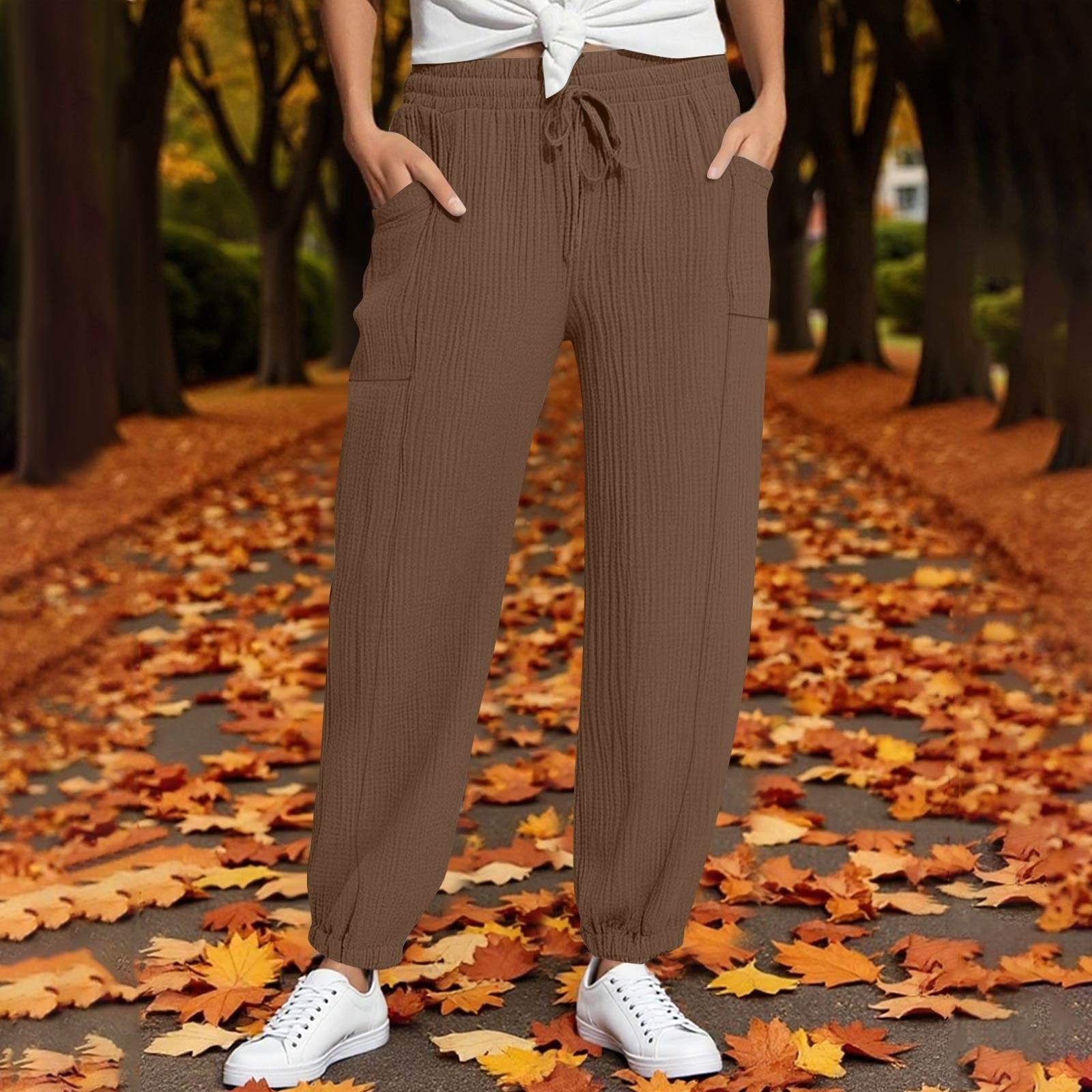 

Женские брюки Модные повседневные брюки Однотонные брюки на кулиске с высокой талией и карманами XXL кофейный