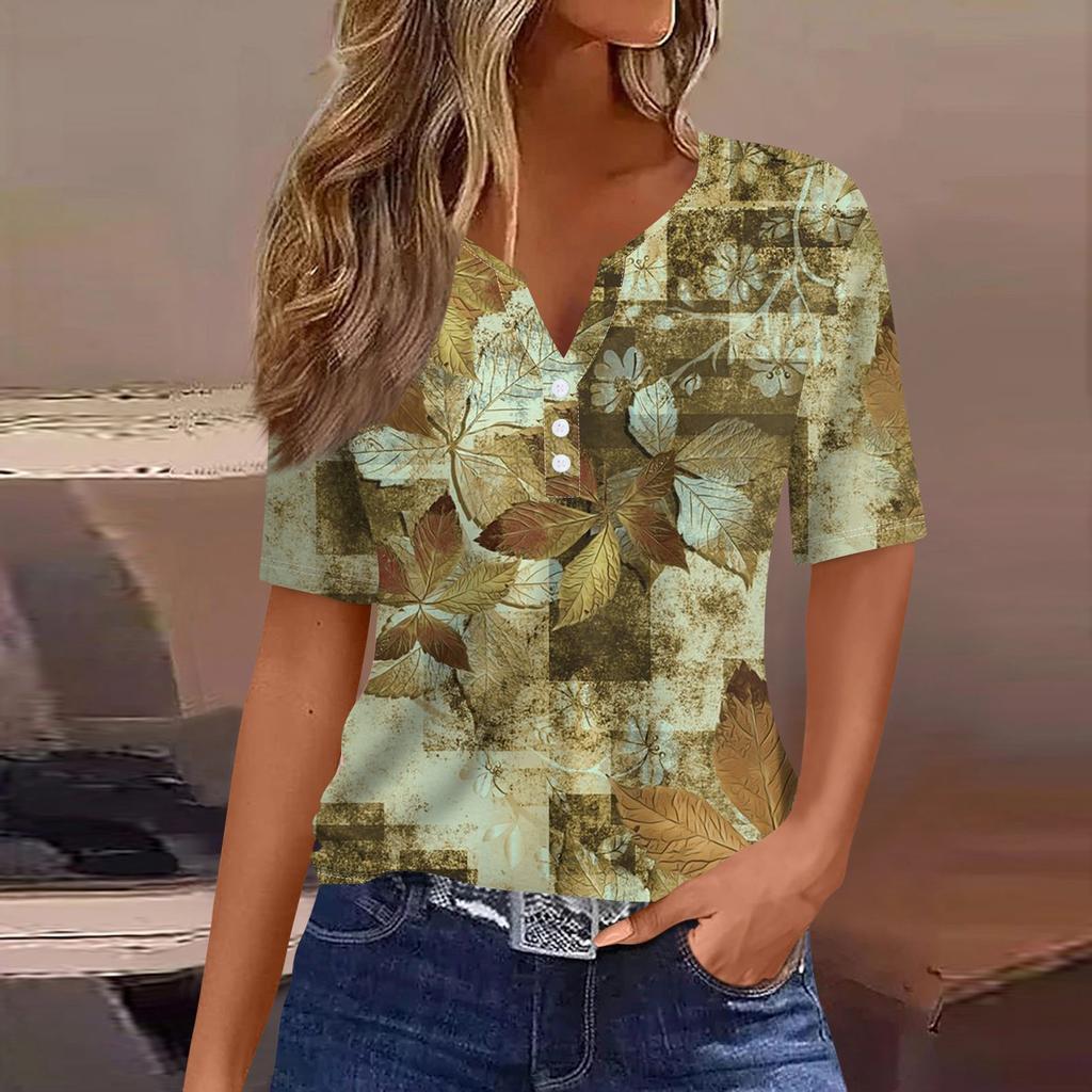 Damen-T-Shirt, T-Shirt, bedruckt, Knopfleiste, kurzärmelig, für den Alltag, Wochenende, modisch, Basic, V-Ausschnitt, normales Oberteil