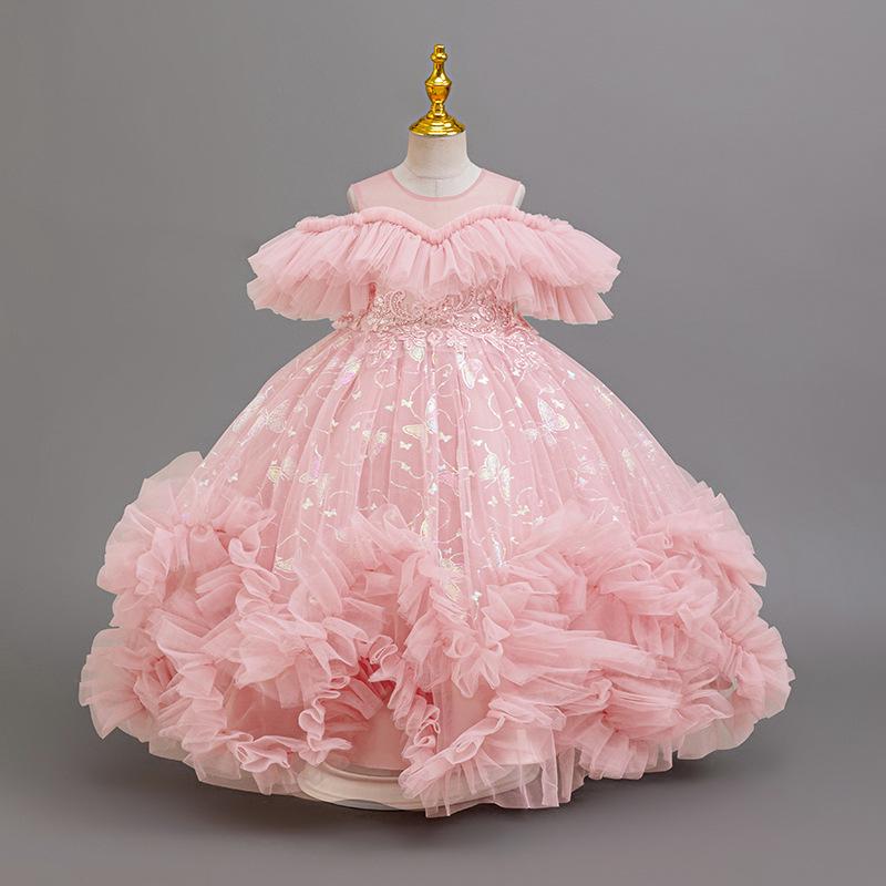Girls' One-Shoulder Princess Dress with Mesh Puff Skirt – Formal Flower Girl Birthday Dance Costume