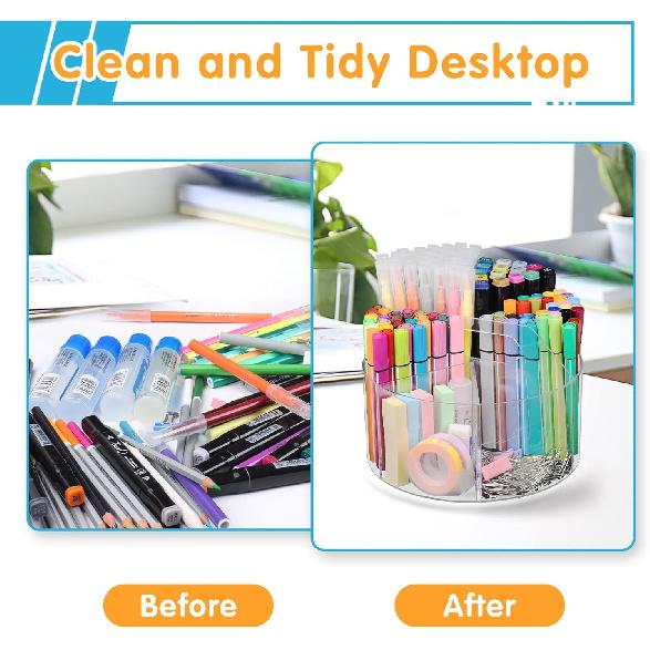 Acrylic Pen Holder, 360 Degree Rotating Pen Organizer, Rotating Desk Acrylic Office Organizer with 6 Compartments, Marker Organizer for Kid, Crayon