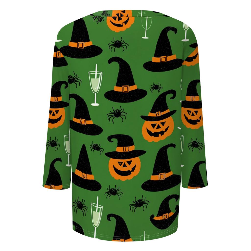 Womens Halloween Print V Neck Top Three Quarter Sleeve Casual Shirt Lightweight Soft Fabric Comfortable Fit Seasonal Style
