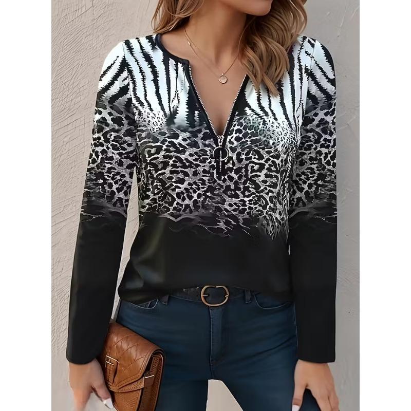 Ladies' 3D Printed V-neck Zipper T-shirt with Glossy Long Sleeved Top and Half Zipper Long Sleeved T-shirt
