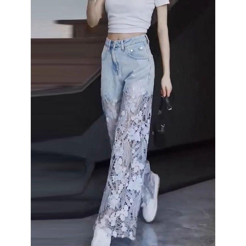 Hollow-Out Lace Patchwork Jeans for Women, Summer Thin Style, 2026 New Model, Petite Ripped Loose Straight Wide-Leg Pants