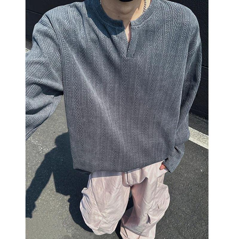 Men's American Trendy V-Neck Jacquard Sweatshirt: Loose Fit, Long-Sleeve, Casual High Street Style T-Shirt for Autumn.